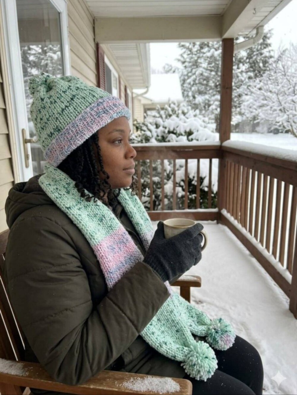 Cozy Mint & Pink Knit Pom Pom Scarf - Women's Winter Wrap